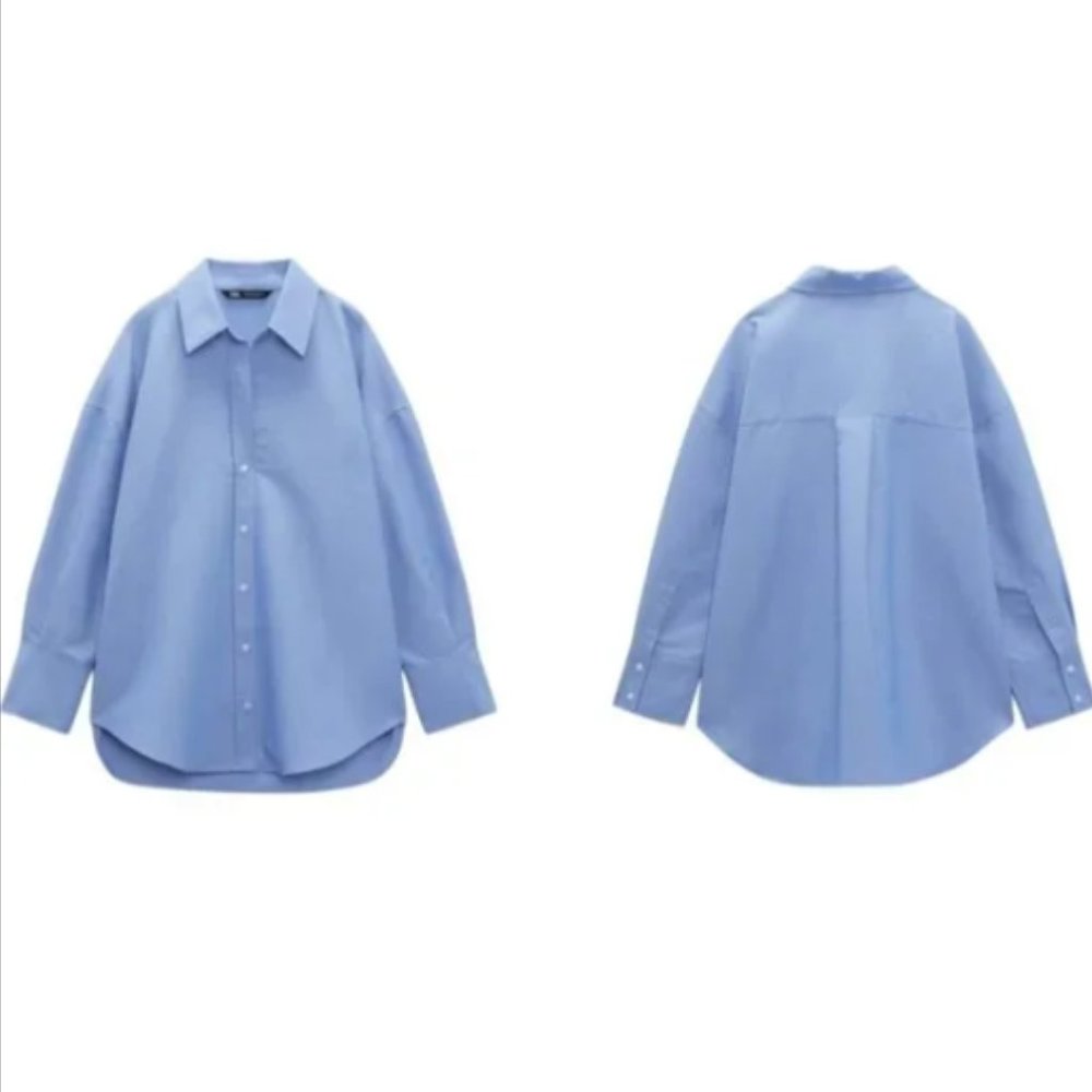 Zara NEW Womens Oxford Shirt Blouse Oversized Blue Button Down M